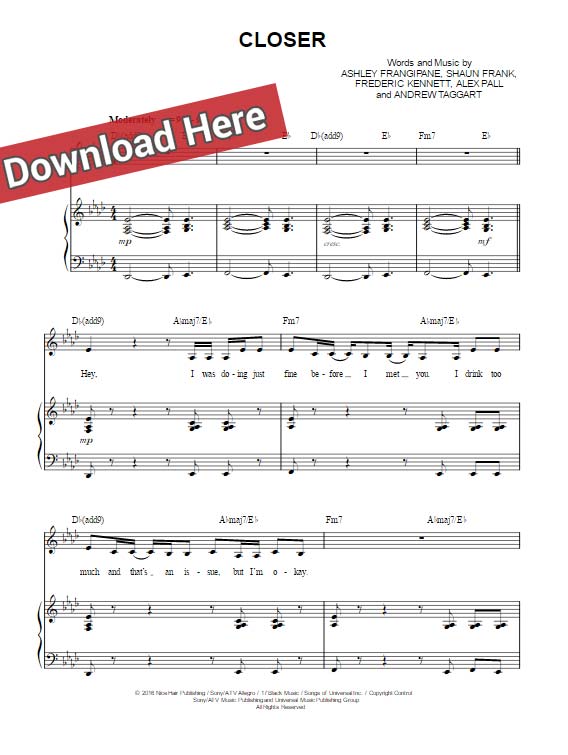 the chainsmokers, closer, sheet music, chords, piano notes, keyboard, billboard, mtv, vh1, download, print, pdf
